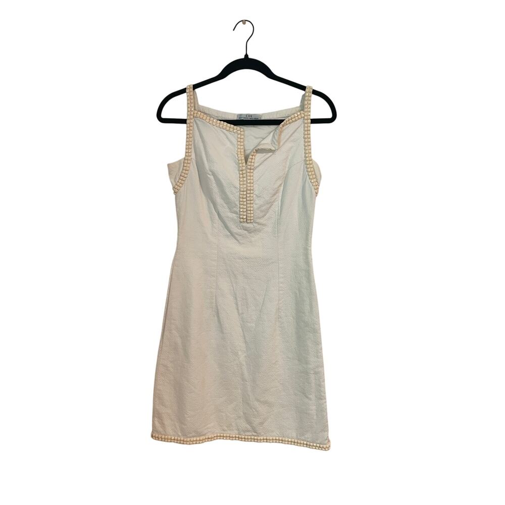 Cue Australia White Mini Dress Beaded Trim Sleeveless Textured Sheath Size 4
